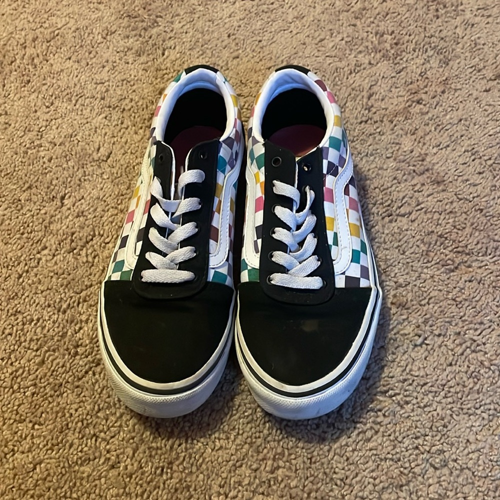Black and rainbow checkered vans